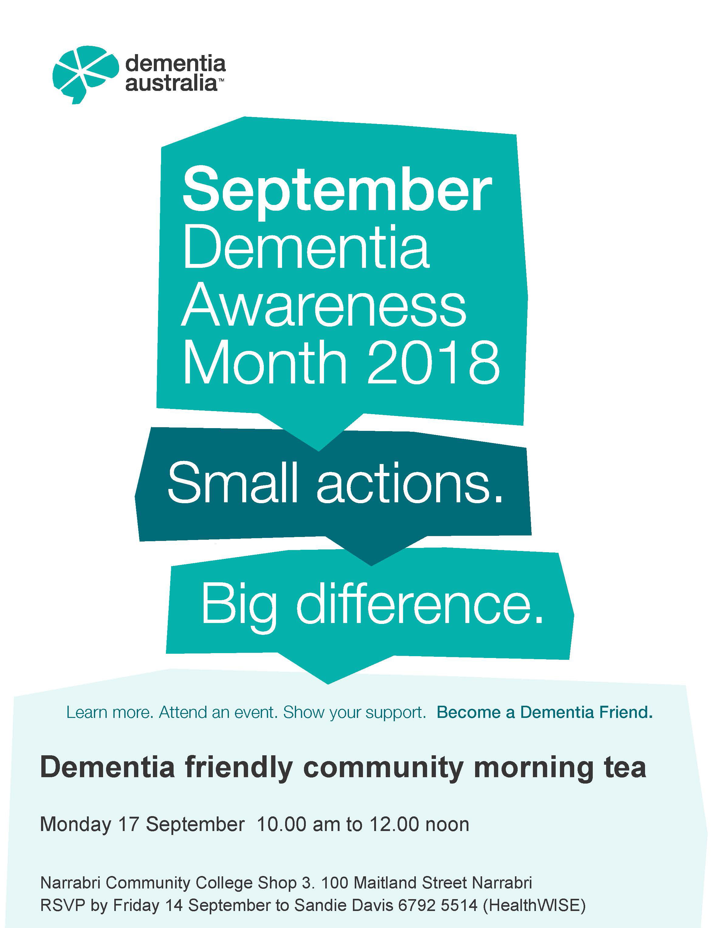 A poster for a dementia friendly community morning tea event in Narrabri