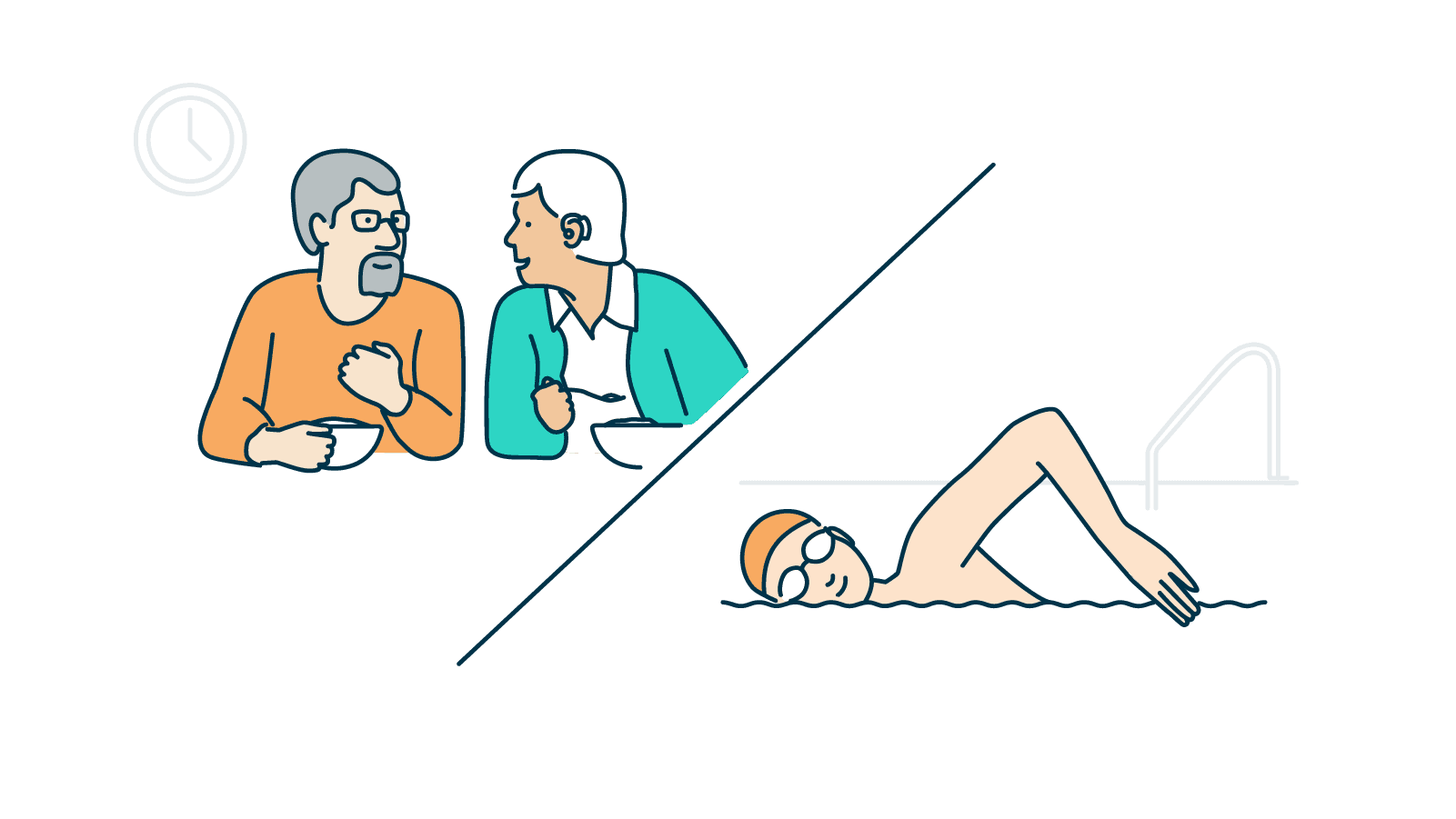 An illustration showing two people talking and eating and another of someone swimming