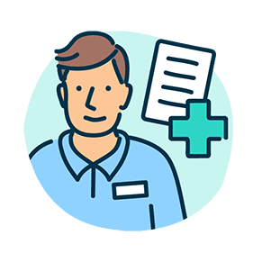 An illustration of a mail with a blue shirt, a medical cross and some paper to indicate a referral